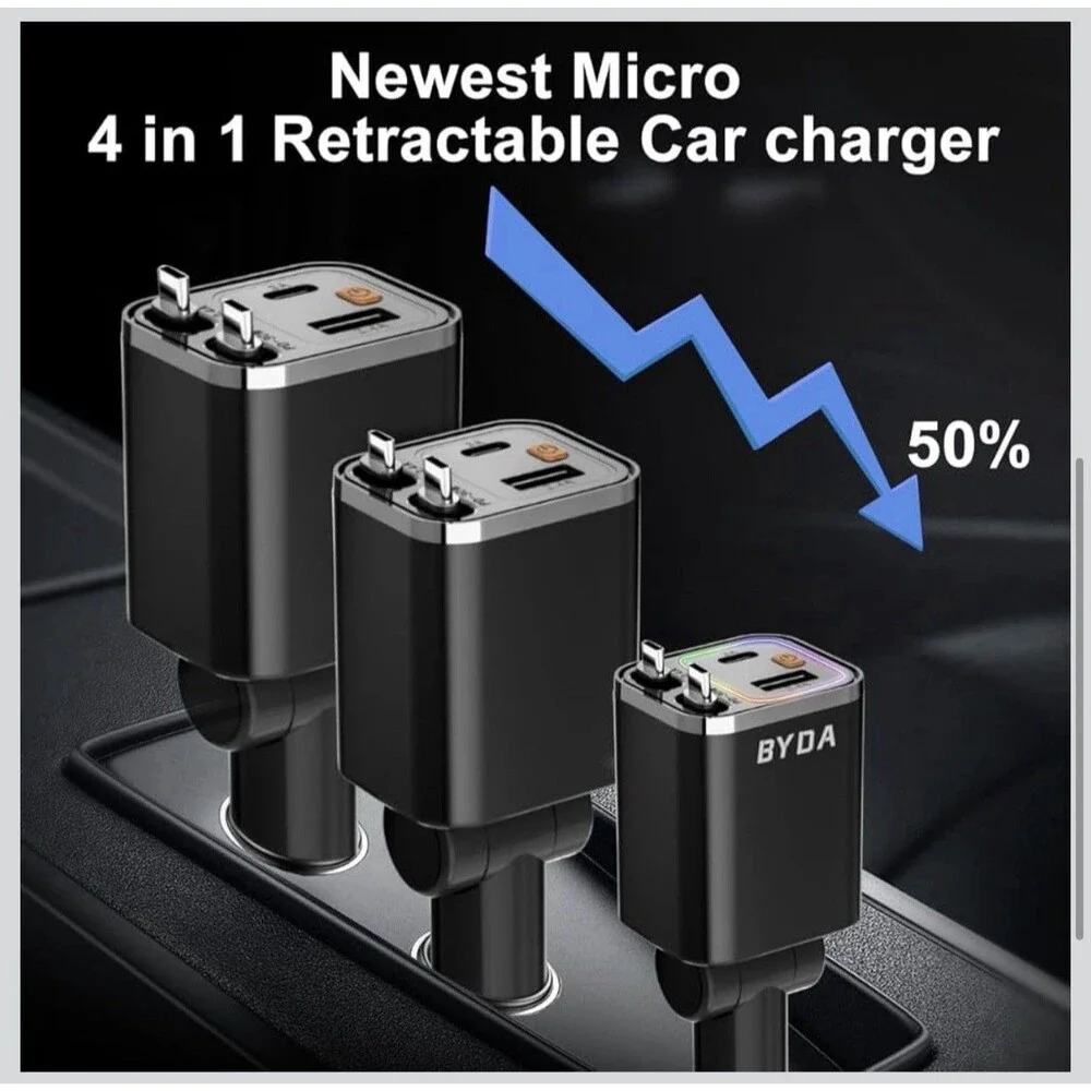 4 in 1 Retractable Car Charger,69W For Apple+Type C &RGB [Black], RGB [Black]